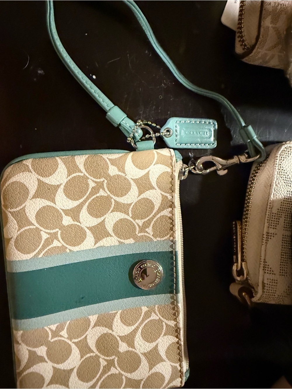 Coach Beige Signature Wristlet with Teal Stripe